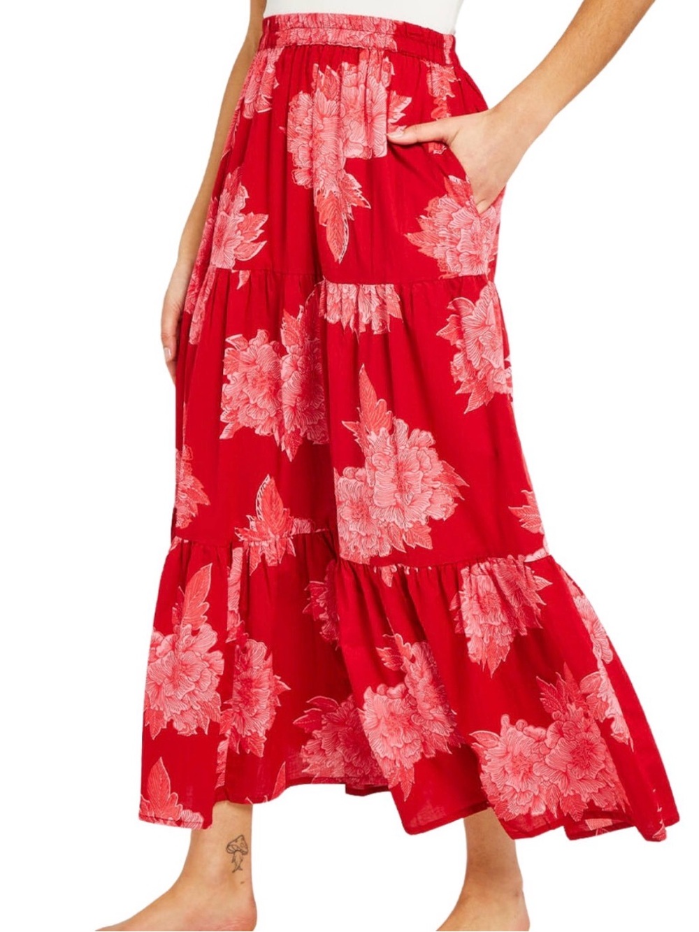 Mille resort Paola crimson floral maxi tiered red long skirt women’s l large